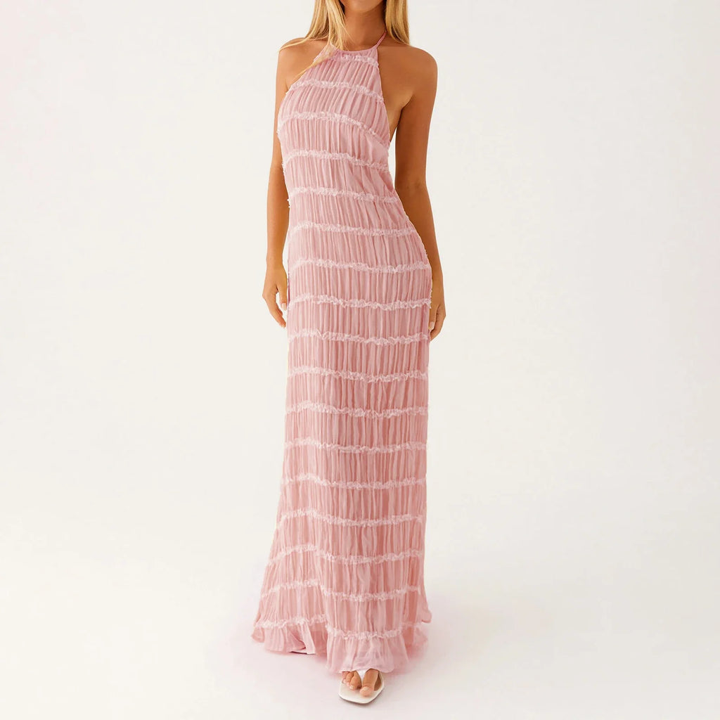 Women Ruched Cocktail Dress Elegant Party Bodycon Dresses Female Long Dress Summer Sleeveless Backless Solid Dress Vestidos