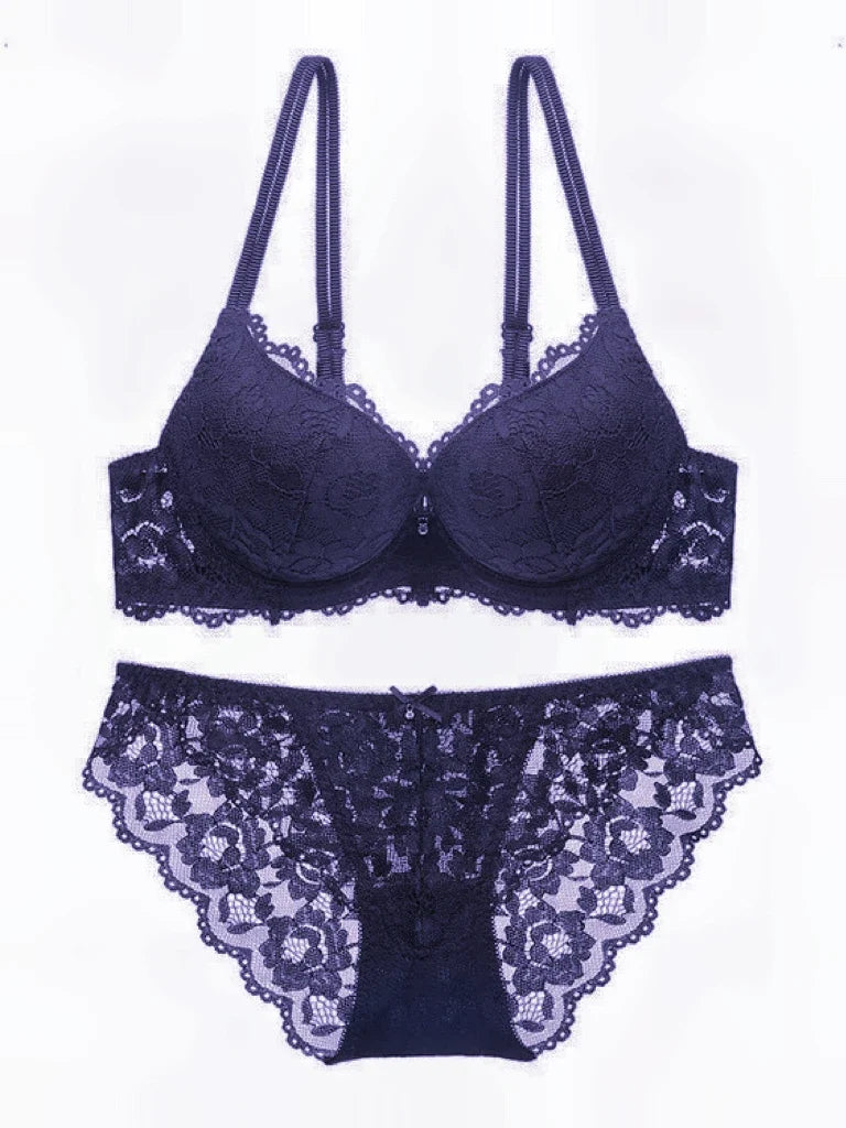 Sexy Lace Floral Women's Underwear Set Double Straps Push-Up Bra Hollow-Out Sexy Panties