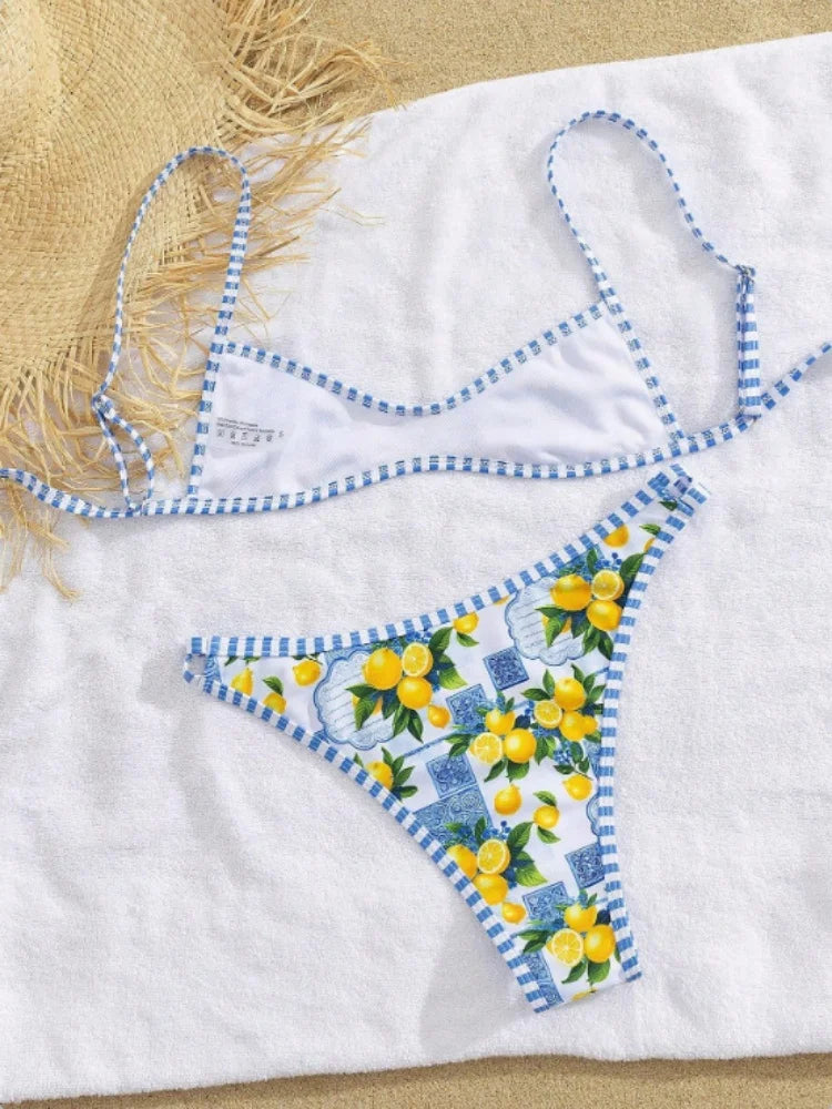 Sexy Sky Blue Fruit Print Micro Bikini 2026 Women Brazilian Pleate Push Up Bra Hollow Thong Swimsuit Beach Bathing Suit Swimwear