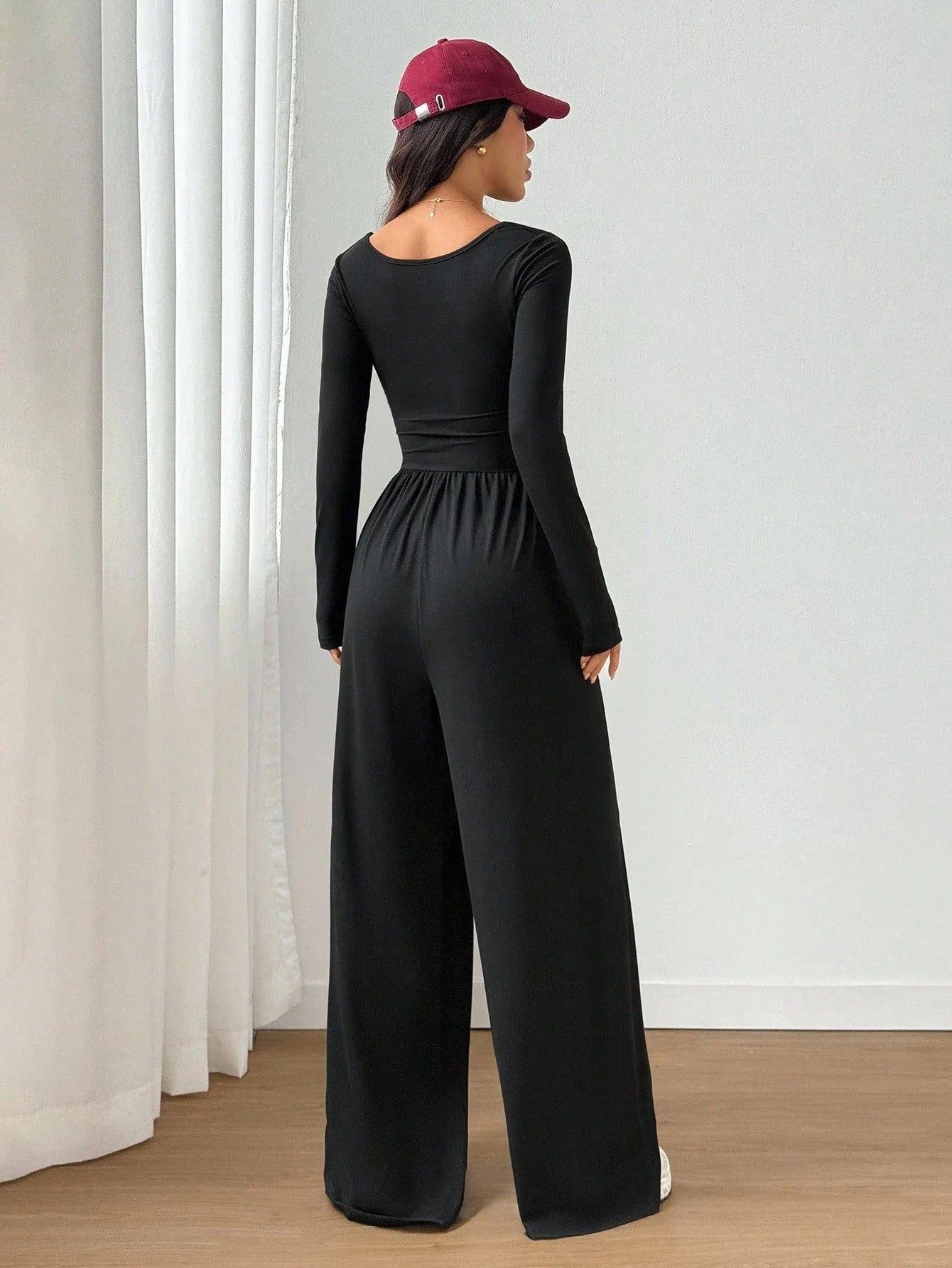 Women's Casual Solid Color Square Neck Long Sleeve A-Line Jumpsuit Pleating Wide Leg Loose Mopping Jumpsuit Spring/Fall 2026