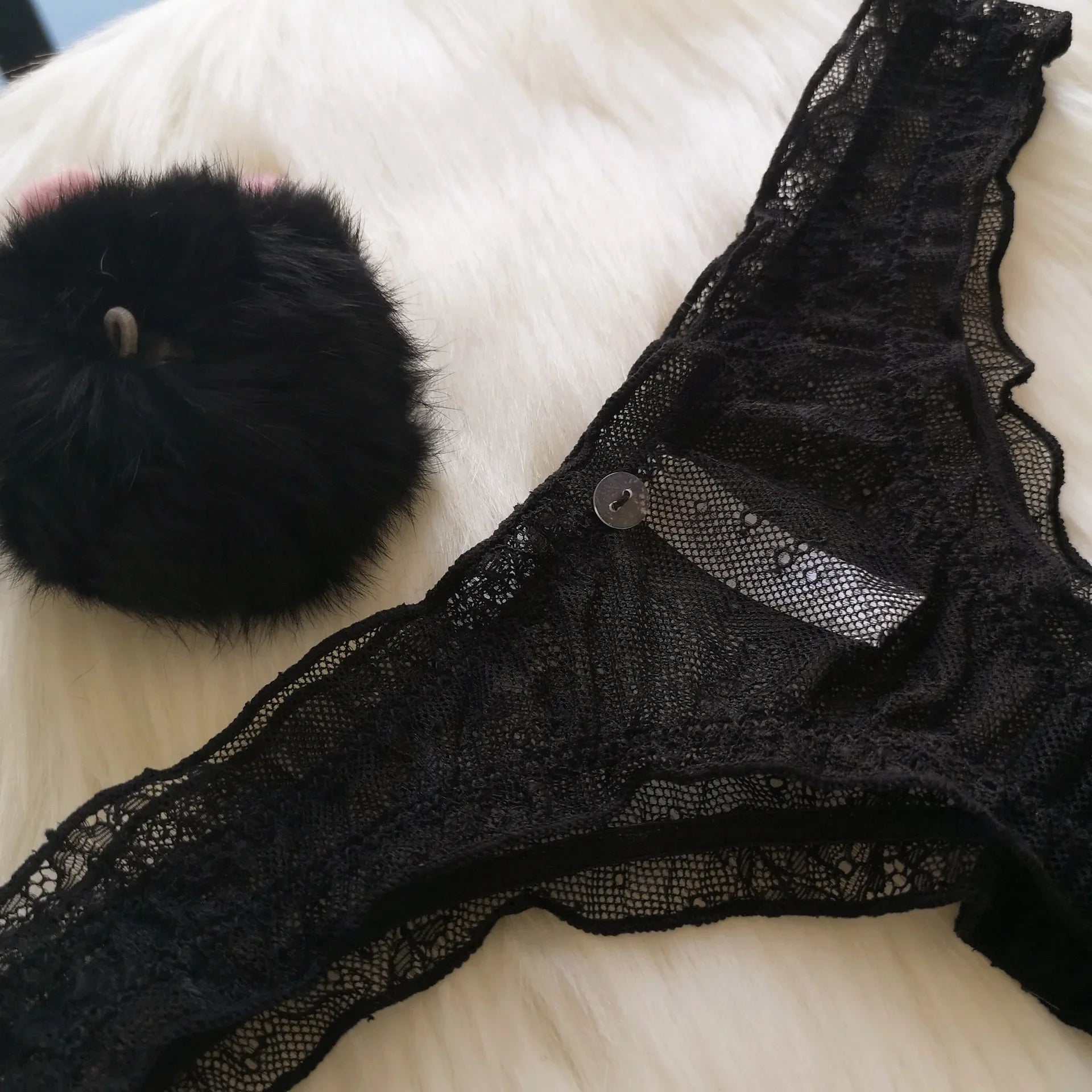 Sexy Panties Cute Rabbit Tail Women's Thong Lace Briefs Transparent Underwear Comfort Breathable Low Rise G string Underpants