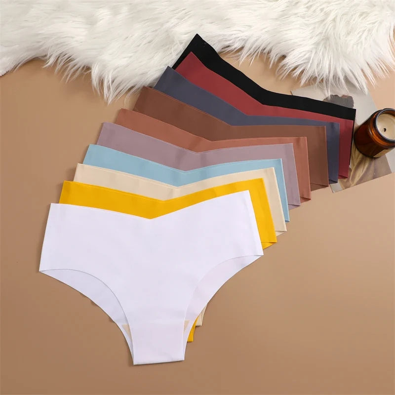 3PCS Women's Seamless Maillard Underwear Sexy V-Shaped Mid Waist Ice Silk Briefs 10 Soild Color Cozy Stretch Sexy Underpant S-XL