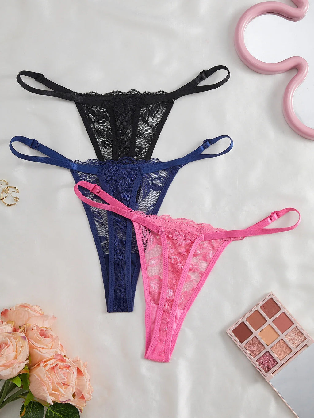 3-Pack Women's Sexy Lace Panties Underwear, Adjustable Strap Floral Lace Sheer Mesh Sexy Thong