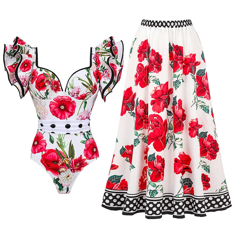 Vintage Ruffles Red Floral Print One Piece Swimsuit and Skirt Set Swimwear 2024 Push Up Underwire Bathing Suit Padded Monokini