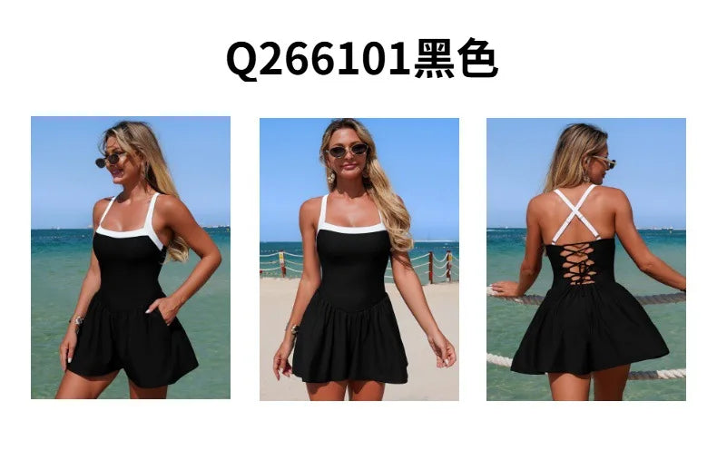 Vintage Black Patchwork Skirt One Piece Swimsuit 2026 Women Back Bandage Cross Pocket Swimwear Beach Bathing Suit Slim Monokini