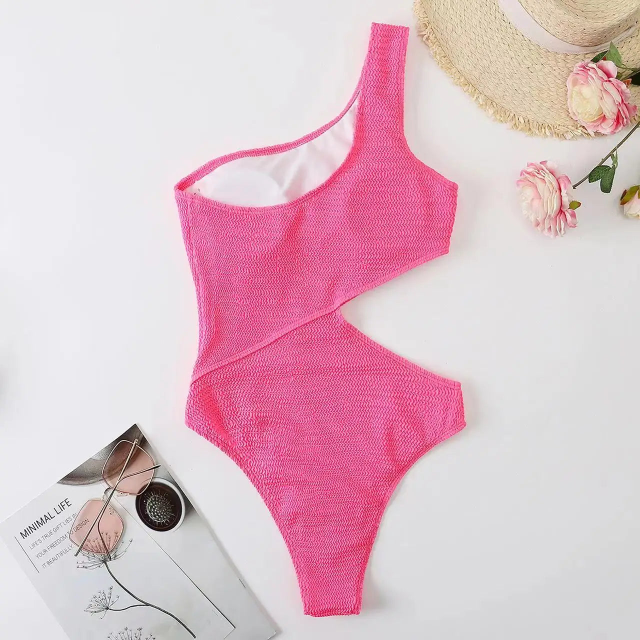 2024 New One Shoulder Women's Swimsuit One Piece Cut Out Sexy Swimwear Women Textured Monokini Solid Bathing Suit Beach Wear