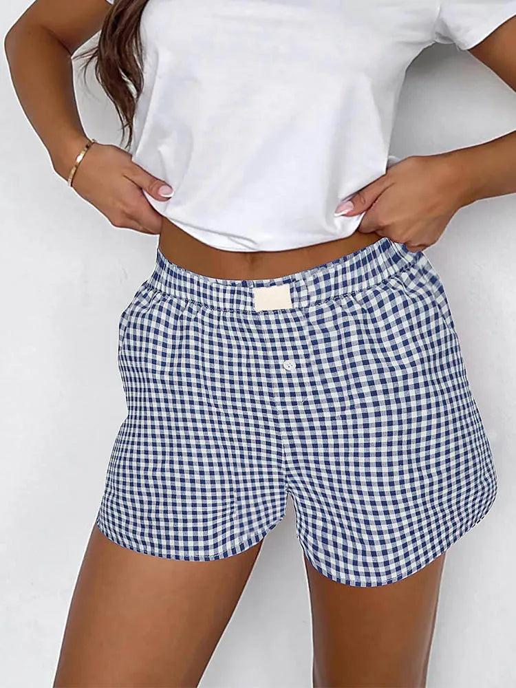Teen Girls Plaid Shorts Elastic Waistband Pull-On Casual Lounge Summer Outfit Red Blue Color Women's Fashion