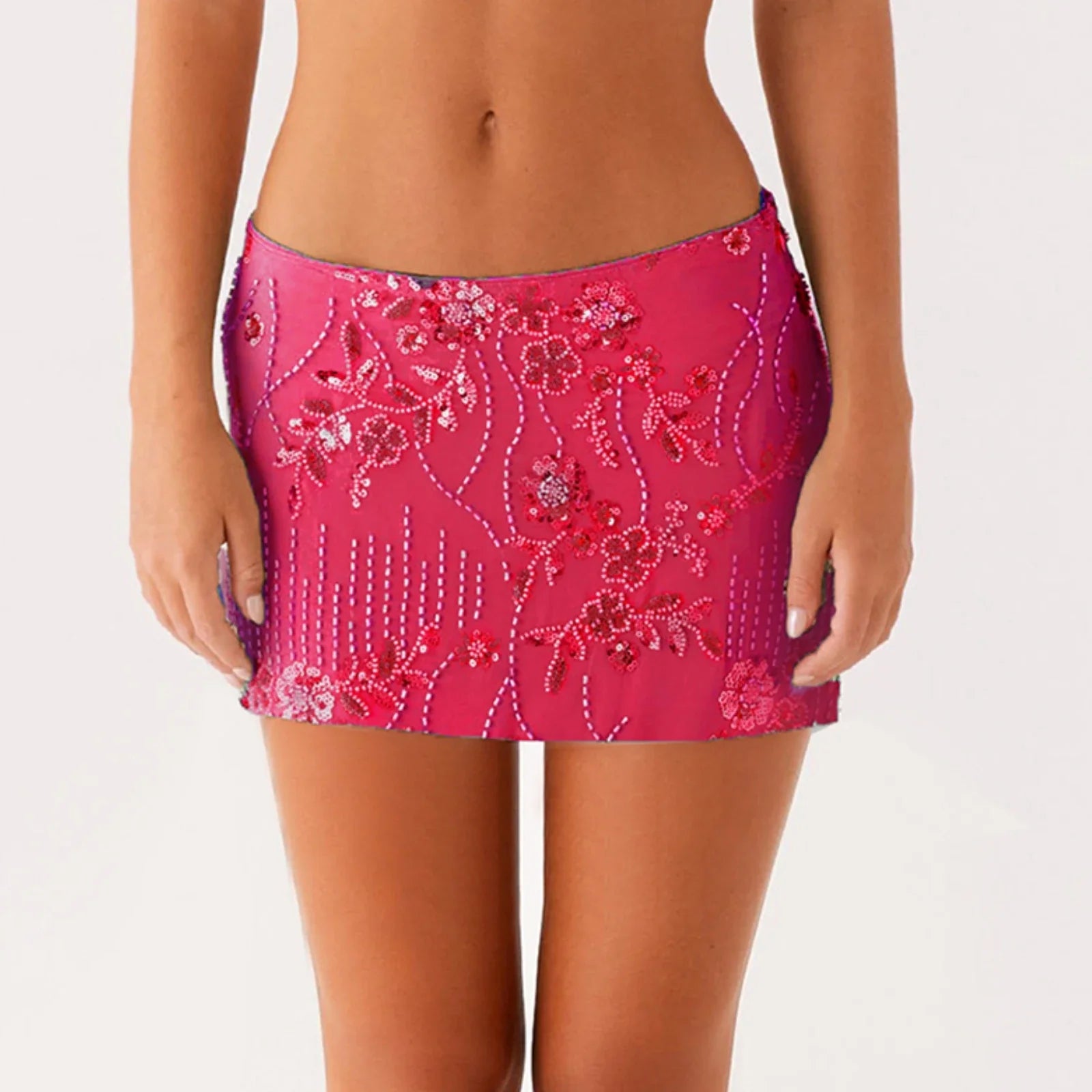 Women Sequin Mini Skirts Beaded Flower Y2k Pearl Embellished Low Rise Mini Bodycon Skirt Glitter Short Skirts Summer Streetwear