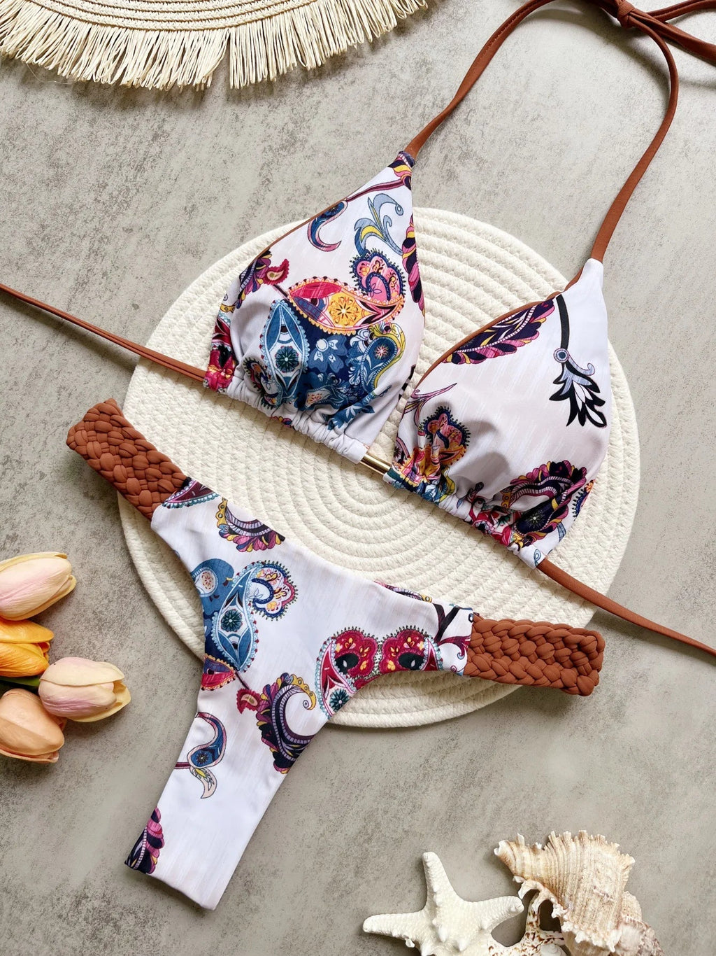 Sexy Vintage Print Bikini Set 2025 Women Orange Cut Out Weave Thong Swimsuit Bather Bathing Suit Two Piece Swimwear Biquini
