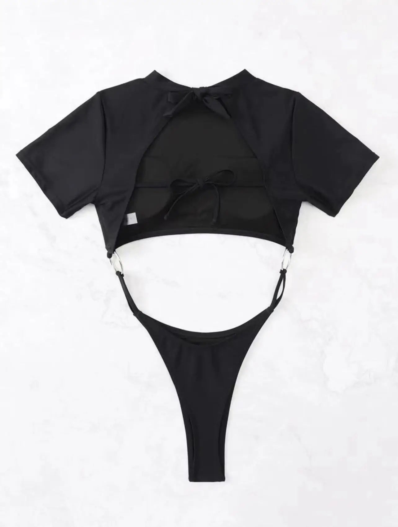 Bikini Women Swimsuit 2024 Blue Short Sleeve Hollow Out Thong Monokini Brazilian Beach Bathing Suit Push Up One Piece Swimwear