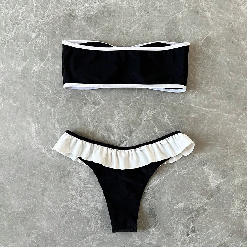 Women's Strapless Swimsuit 2-piece Suit Solid Color Patchwork Push Up Ruffle Thong Beach Hot Spring Bikini Set 2026 New Swimwear