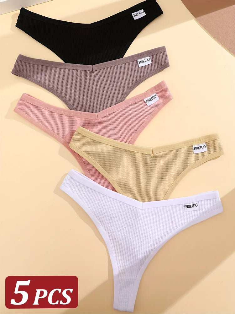 5Pcs Women Cotton Waffle Style G-string Panties Ladies Soft Thongs Female S-XL Low-Rise T-Back Panties Bikini Underwear 2024