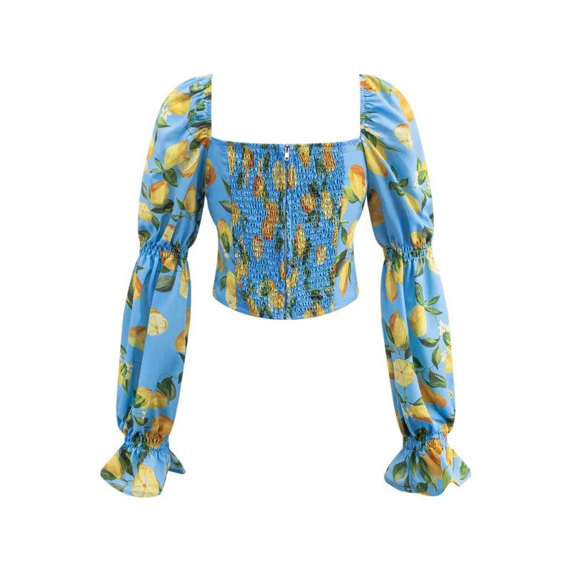 French Vacation Style Casual Sky Blue Lemon Print Short Shirt For Woman Pure Desire Elegant For Women Square Neck Summer WTGS