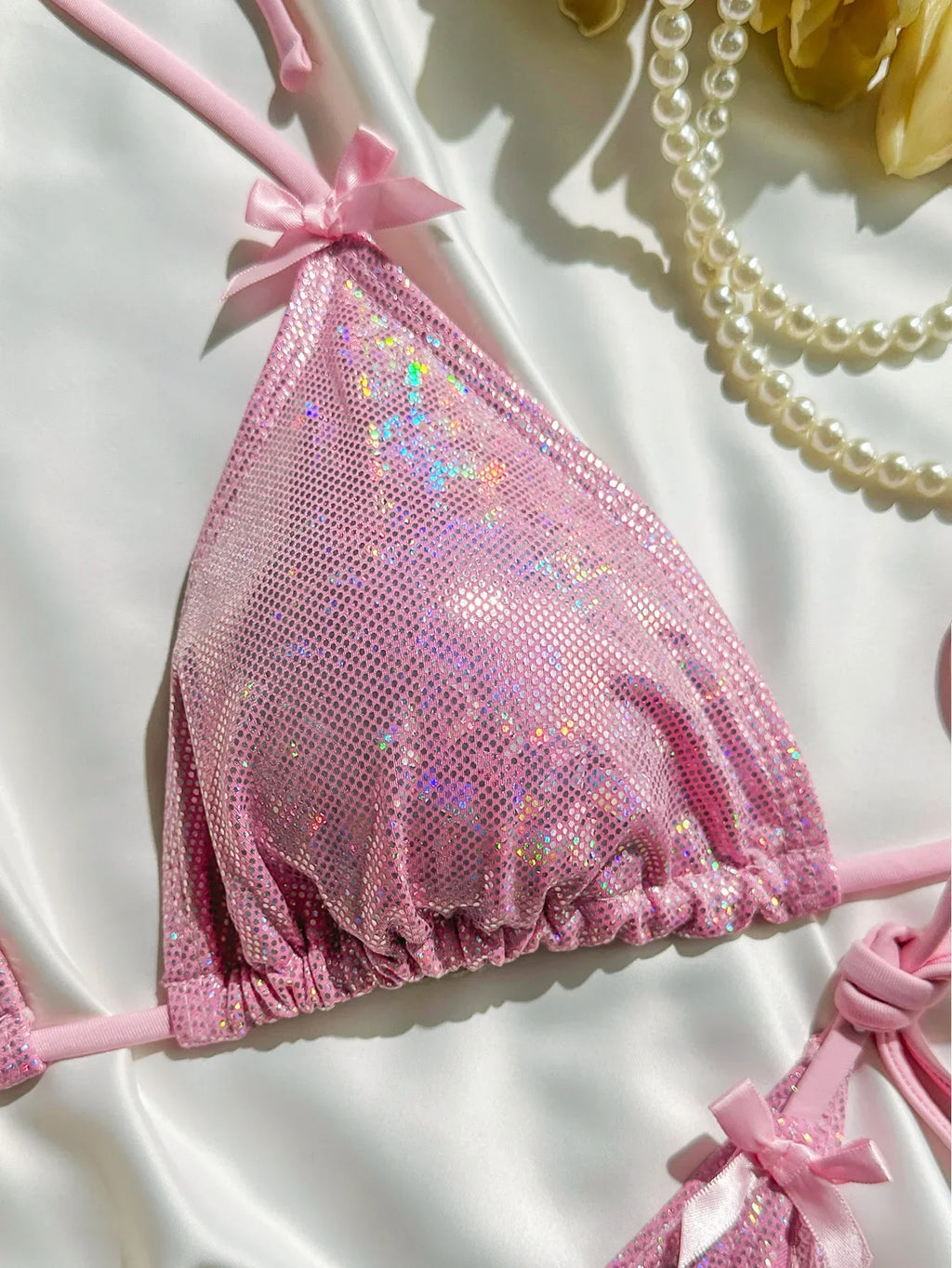 Shiny Pink Bikini 2025 Women Sexy Brozing Tie Bow Strap Push Up Micro Swimsuit Brazilian Bathing Suit Tie Side Triangle Swimwear