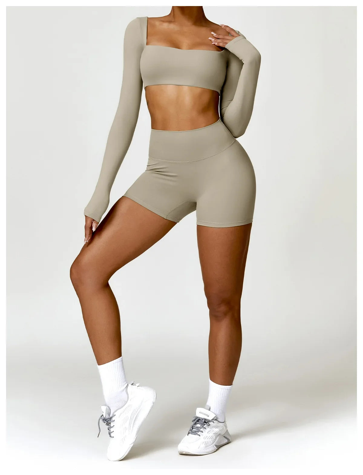 Hearuisavy Summer Casual Quick Dry Sportswear Women Square Neck Gym Top Women Fitness Sports Crop Top Long Sleeve Yoga Clothing