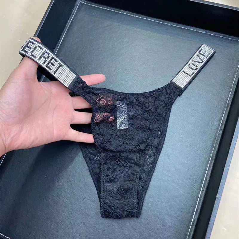 Rhinestone Lace Letter Sexy G String Women Panties Seamless Girls Underwear Transparent Thong For Female Low Rise Ladies Briefs