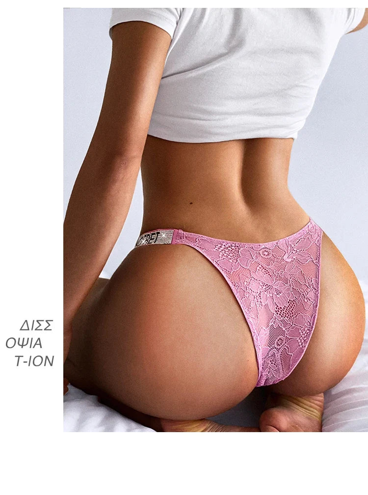 Rhinestone Lace Letter Sexy G String Women Panties Seamless Girls Underwear Transparent Thong For Female Low Rise Ladies Briefs