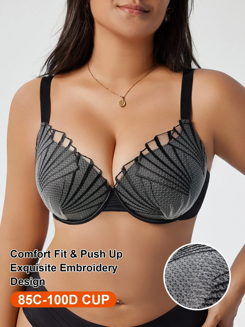 Everyday Plus Size Women's Push up Bra Fan Embroidery, Thin Cup, Comfortable Underwire Support Lingerie