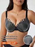 Everyday Plus Size Women's Push up Bra Fan Embroidery, Thin Cup, Comfortable Underwire Support Lingerie