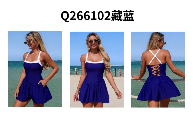 Vintage Black Patchwork Skirt One Piece Swimsuit 2026 Women Back Bandage Cross Pocket Swimwear Beach Bathing Suit Slim Monokini