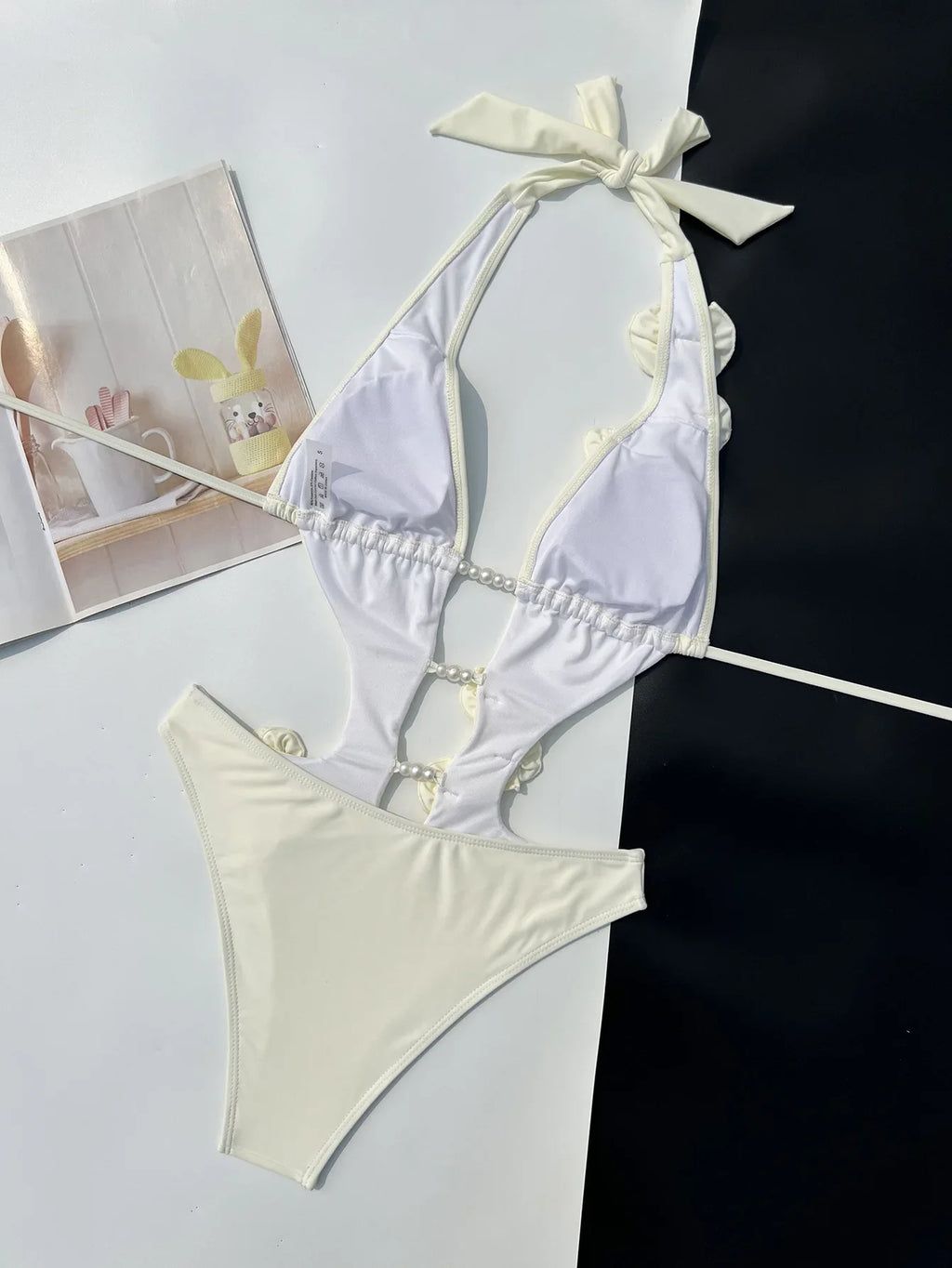Sexy Pearls 3D Flower Deigner One Piece Swimsuit 2026 Women Beige Hollow Out Bandage Backless Bathing Suit Swimwear Monokini