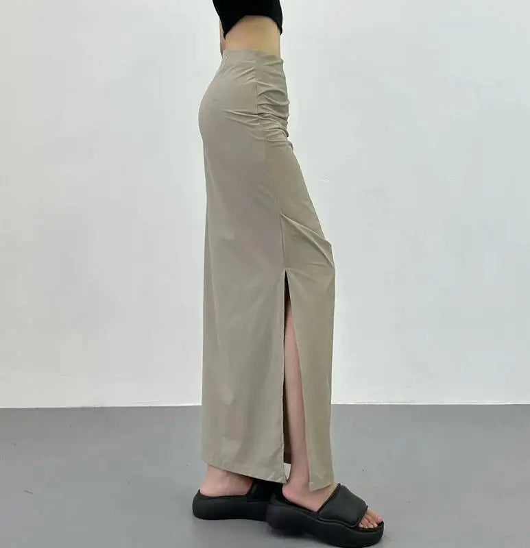 2026 New Pleated Side High Slit Half Length Skirt Women's Summer Spicy Girl Pure Desire Slim Wrap Hip Solid A-line Skirt 7MHN