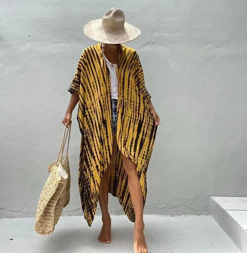 2024 New Summer Sexy Beach Kimono Swimwear Cotton Cover Up Swimsuit Women Print Bikini Cover Up Beachwear Dress Robe