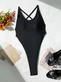 Solid Black One Piece Swimsuit Sexy Backless Cross Bandage Thong Bikini 2026 Beach Vacation Pool Bathing Suit Swimwear Monokini