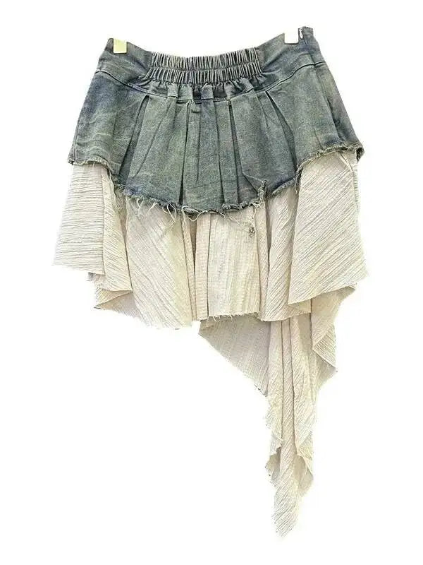 Retro Spliced Denim Pleated Skirt For Women Summer New Temperament Hot Girl Fashionable High Waist A-line Skirt Fashion AS1C