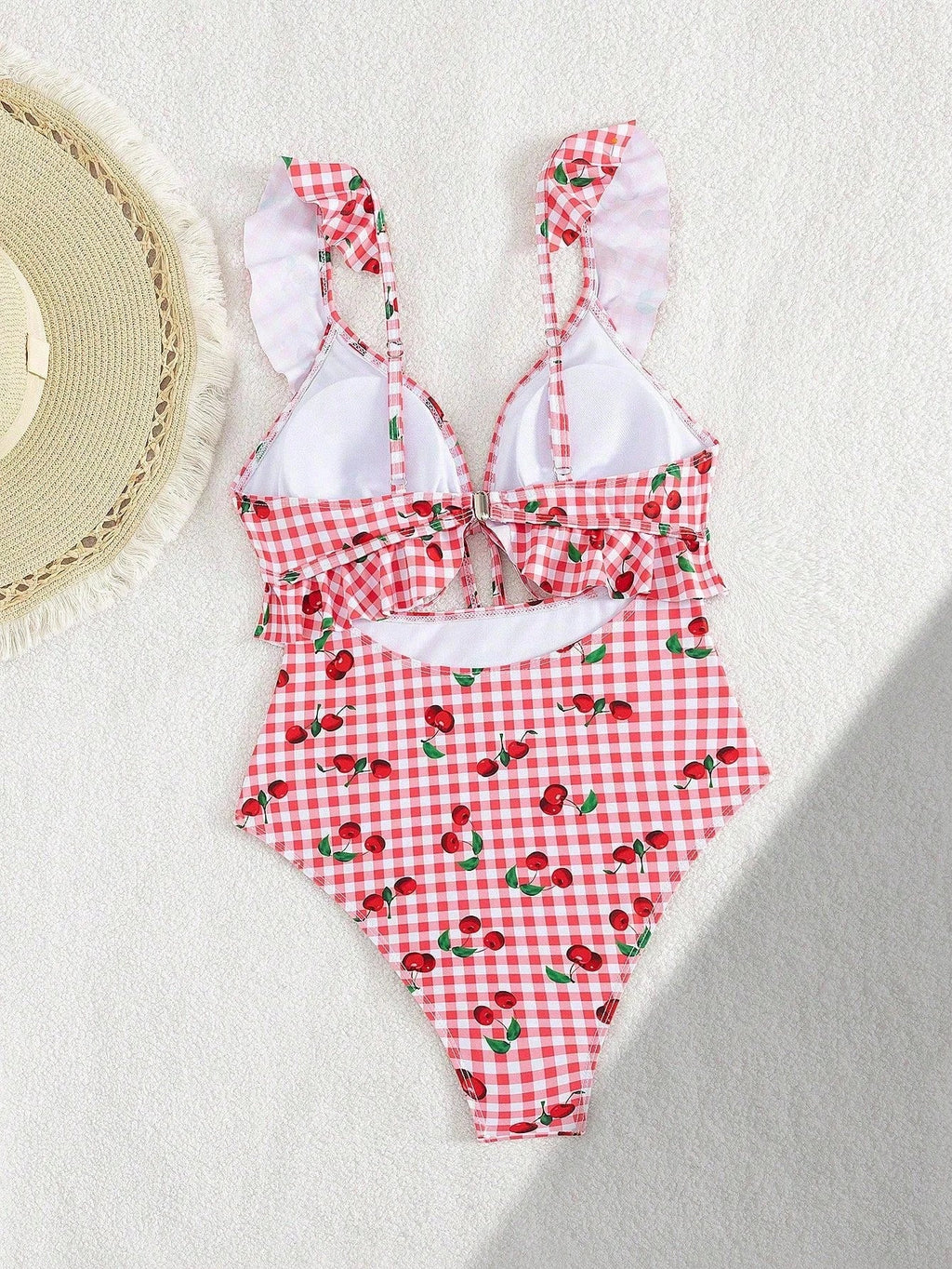 Vintage Pink Starberry Print One Piece Swimsuit 2026 Women Ruffles Bandage Cross High Waist Bikini Beach Bathing Suit Swimwear