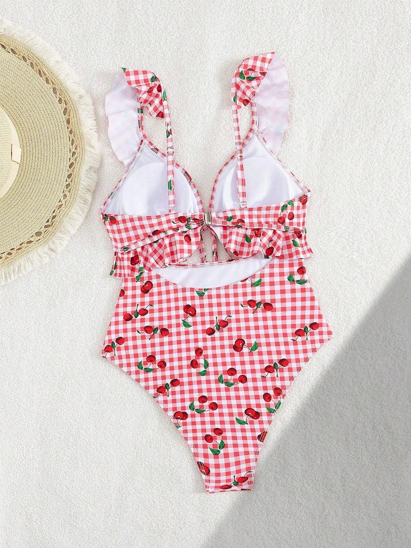 Vintage Pink Starberry Print One Piece Swimsuit 2026 Women Ruffles Bandage Cross High Waist Bikini Beach Bathing Suit Swimwear