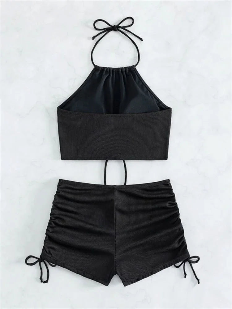 Sexy Ring Linked Pleate Bikini Set Women Brown Cut Out Push Up Two Piece Swimsuit 2024 Bathing Suit High Waist Panties Swimwear