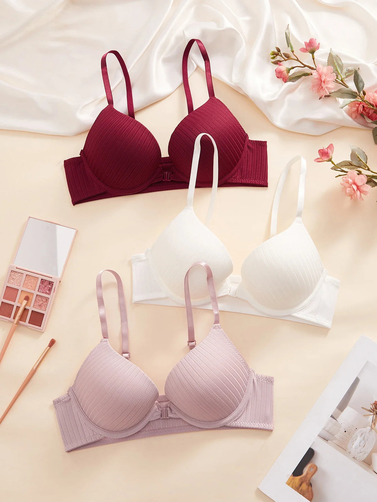 1 3 5Pcs Pure and Simple Everyday Solid Bra Push up Sexy Bras Ribbed Fabric with Unlined Sweet Women's Underwear