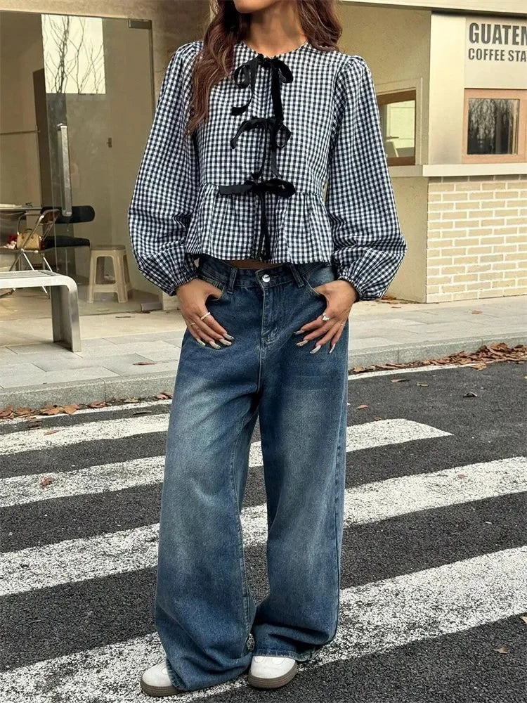 Plaid Lantern Long Sleeve Blouse for Women Spring Autumn Y2K Clothes Sweet Style Loose Knot Front Round Neck Top Streetweawr