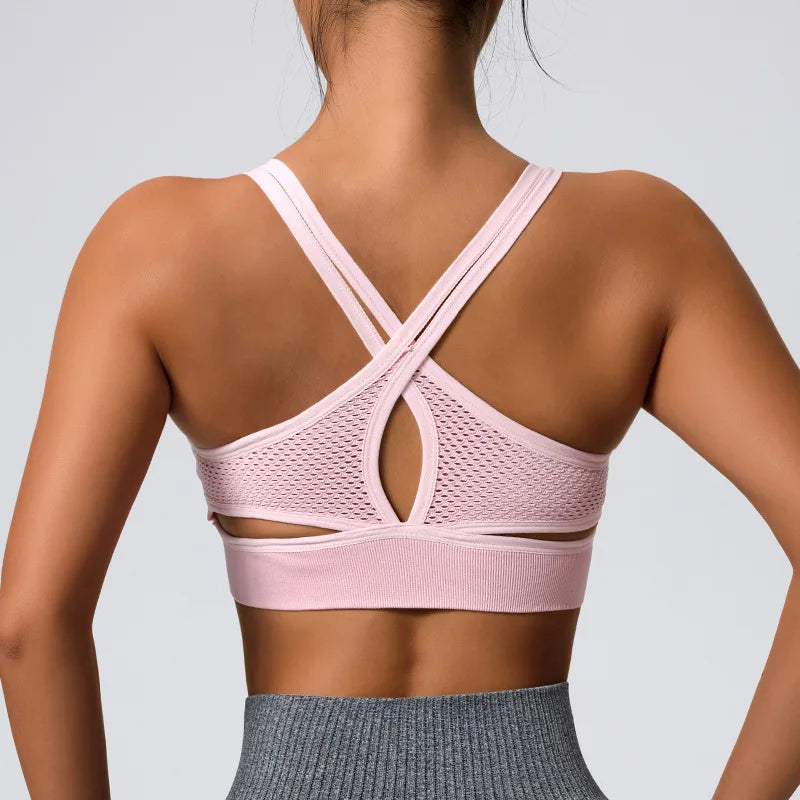 Color-blocked Yoga Top with Cross-straps Yoga Bra Stretchy Comfortable Breathable Sports Vest Wire-free Bra