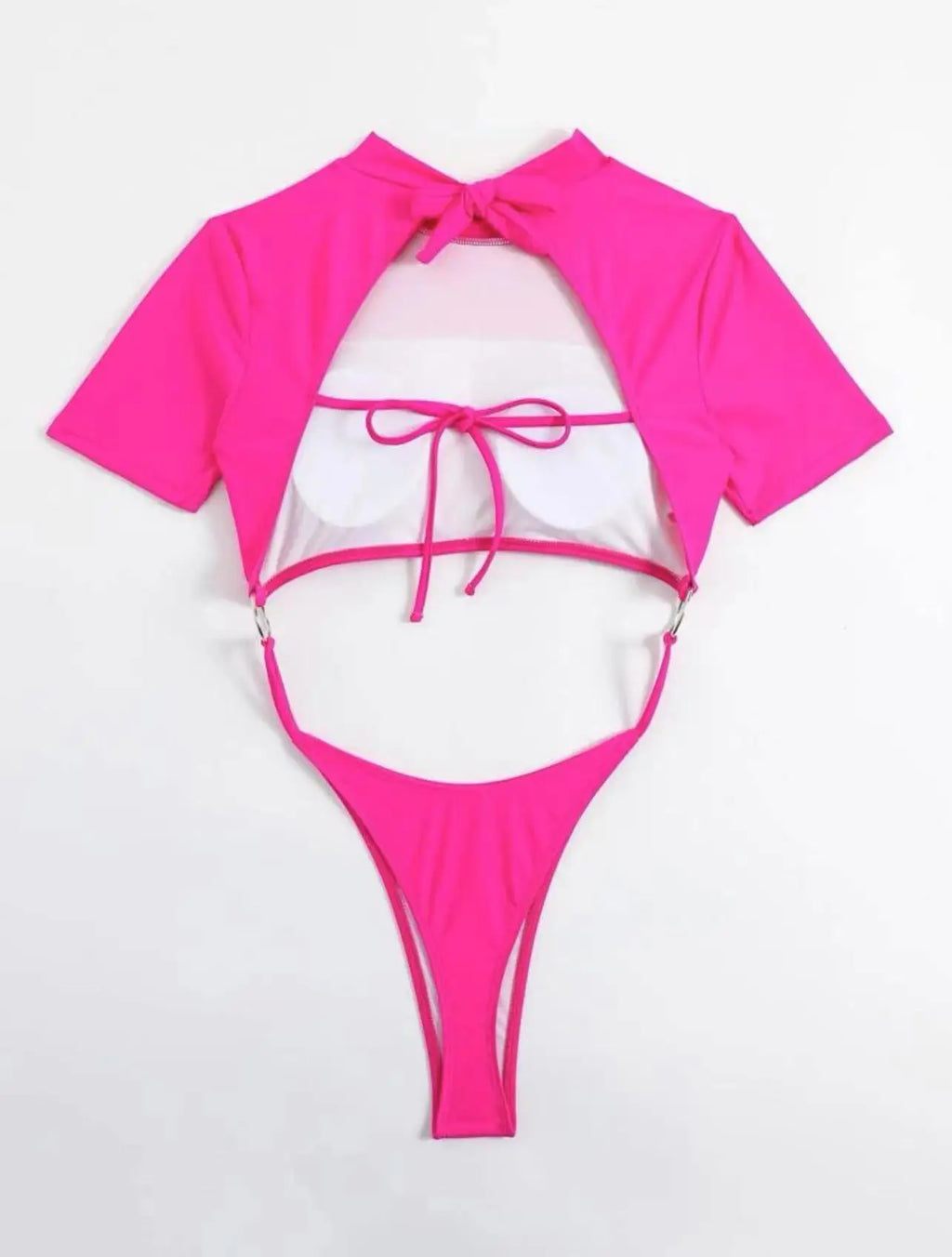 Bikini Women Swimsuit 2024 Blue Short Sleeve Hollow Out Thong Monokini Brazilian Beach Bathing Suit Push Up One Piece Swimwear