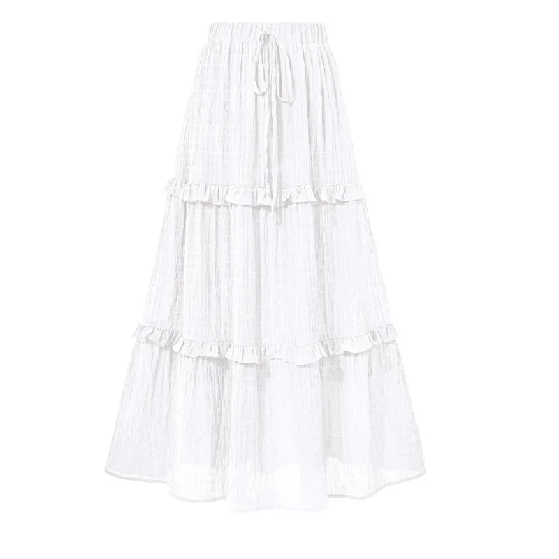 Elegant Women Long Tiered Skirt Summer Autumn Casual Ruffled Shirred Frill Trim Elastic Waist Drawstring A-Line Skirt Streetwear