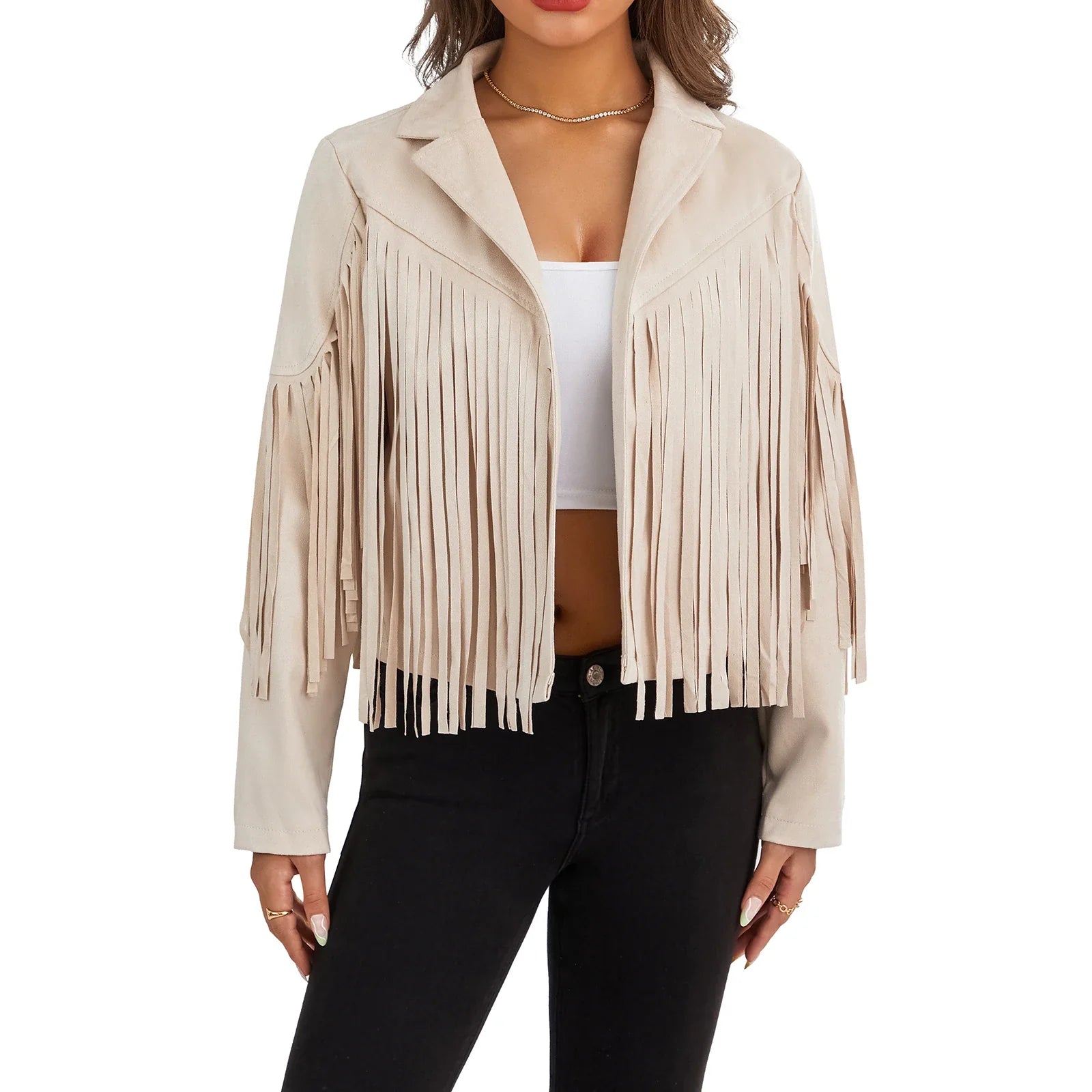 Women Spring Autumn Slim Long Sleeve Open Front Coat Solid Color Collared Jacket with Tassels Black/ Coffee/ Pink