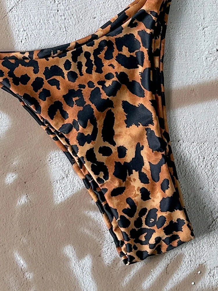 2026 Sexy Bikini 2 Piece Set Drawstring Straps Black Leopard Print Swimsuit For Women Summer New A Knot On The Chest