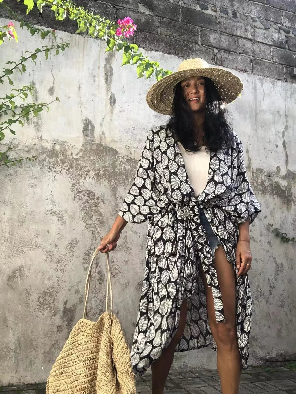 2024 New Summer Sexy Beach Kimono Swimwear Cotton Cover Up Swimsuit Women Print Bikini Cover Up Beachwear Dress Robe