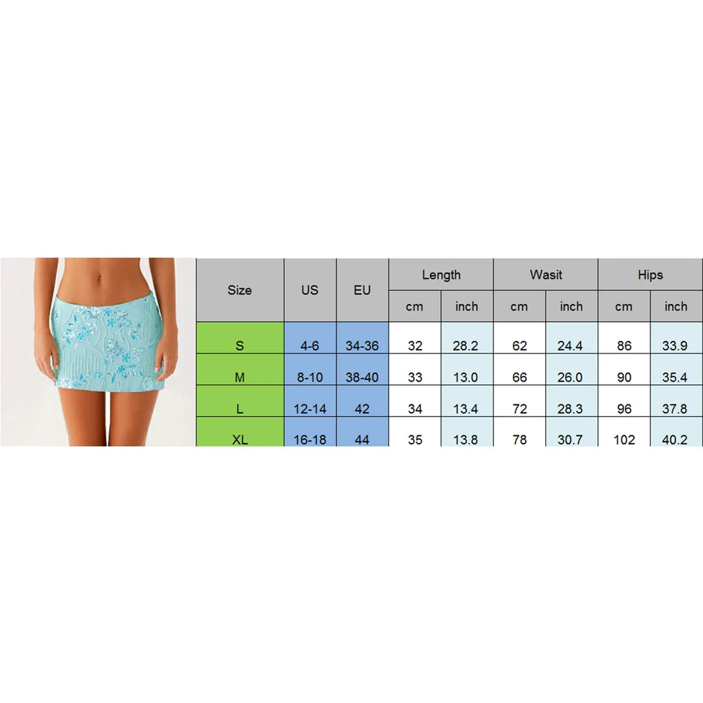 Women Sequin Mini Skirts Beaded Flower Y2k Pearl Embellished Low Rise Mini Bodycon Skirt Glitter Short Skirts Summer Streetwear