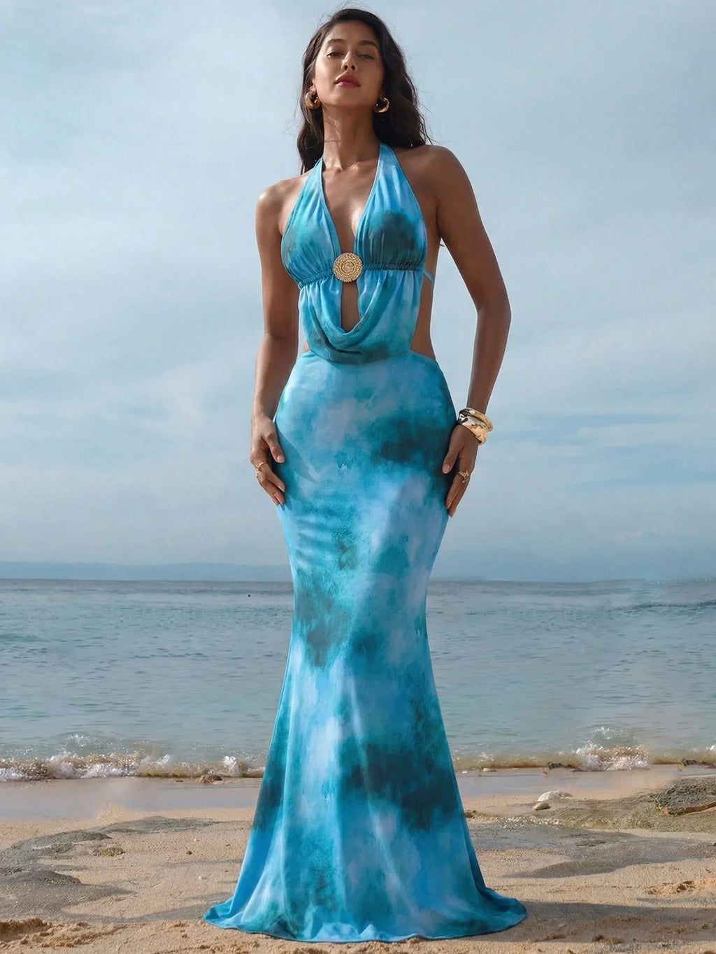 Sexy Blue Tie Dye Gradient Bikini Set Women Metal Circle Ornament Push Up Long Skirt Swimsuit Beach Bathing Suit Swimwear 2026