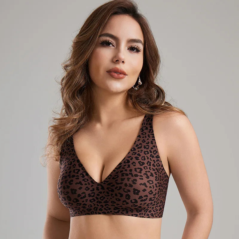Leopard Print Deep V Seamless Wire-free Everyday Bra Comfortable and Breathable Full Cup Support Pink Leopard Print Bra Sostén