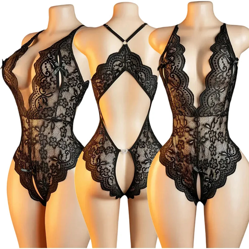 One-piece Crotchless Bodysuits Sexy Lingerie Women Exotic Costumes Sleeveless Deep V Transparent  Babydoll  backless Bodysuit