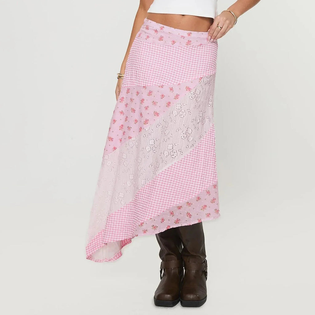 New Irregular Women Lace Flowy Midi Skirt Vintage Low Waist Floral Print Long Skirt Lightweight Summer Sexy Club Party Skirt