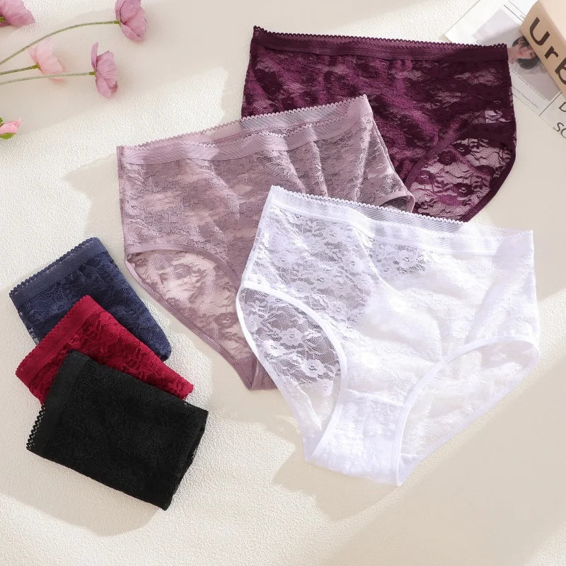 FINETOO 3PCS Women Lace Panties Sexy Hollow Underpants Sexy High Waist Lace Panty Elegant& Romantic Ladies Breathable Underwear