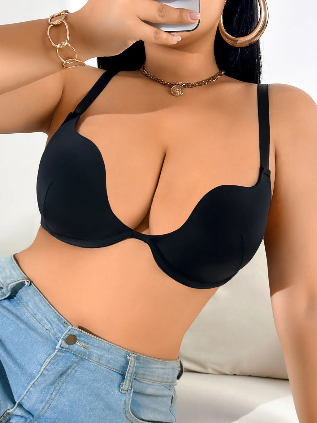 D Thin Cup Large Size Women's Bra Basic Plunge Push-Up Bra Comfortable Support and Minimizer Underwire Bra