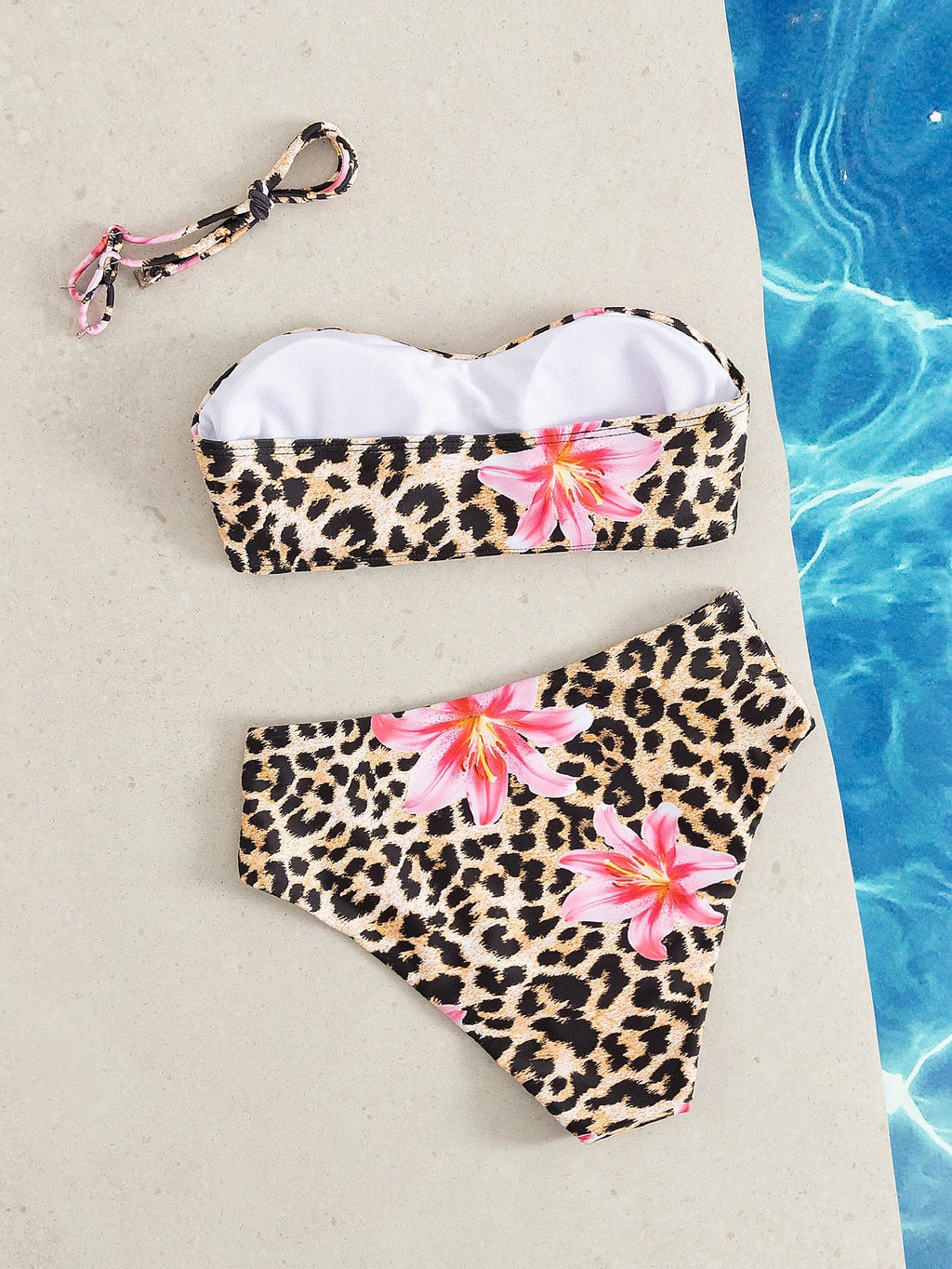 Sexy Bandeau Bikini 2025 Women Pink Floral Leopard Print Push Up 2 Piece Swimsuit Beach Bathing Suit High Waist Swimwear Biquini