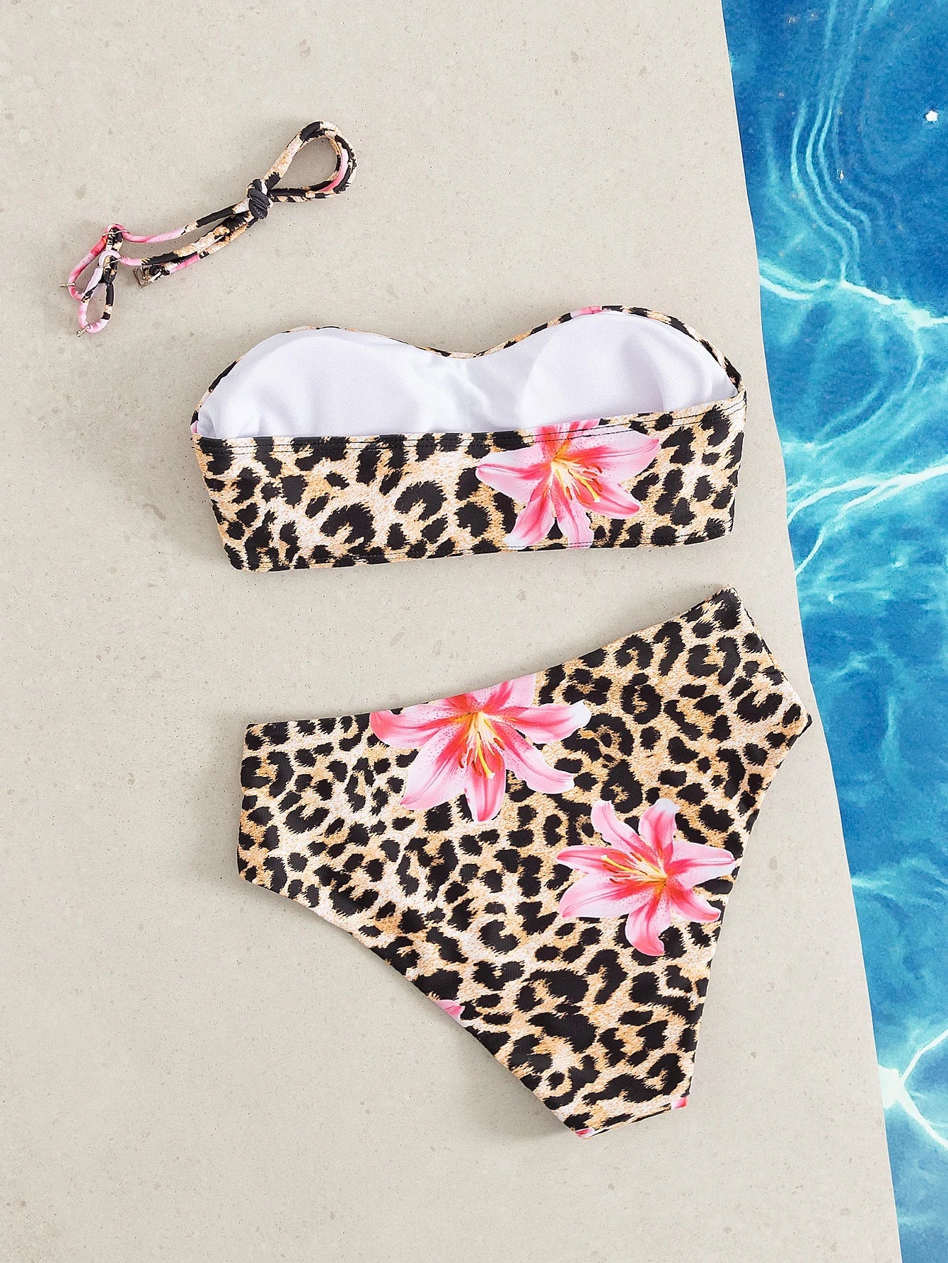 Sexy Bandeau Bikini 2025 Women Pink Floral Leopard Print Push Up 2 Piece Swimsuit Beach Bathing Suit High Waist Swimwear Biquini