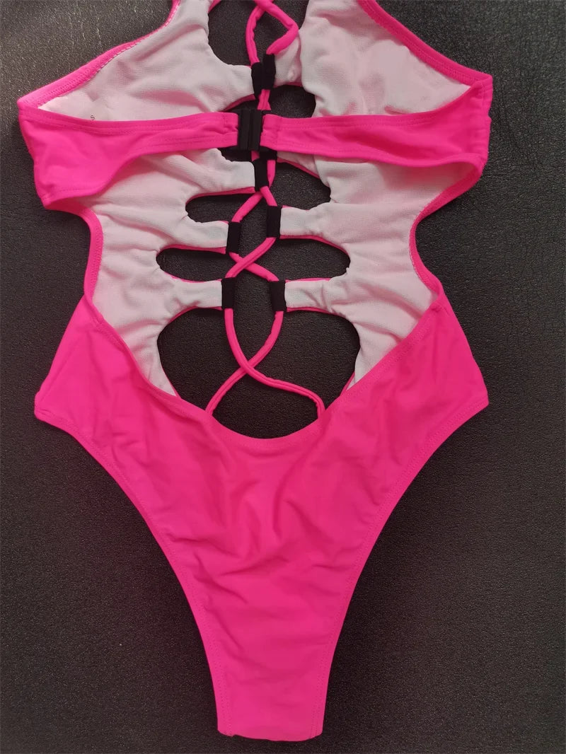 Hollow Out Swimwear Women 2025 High Neck Solid Black Cut Out Backless Monokini Bandage Bathing Suit Holiday One Piece Swimsuit